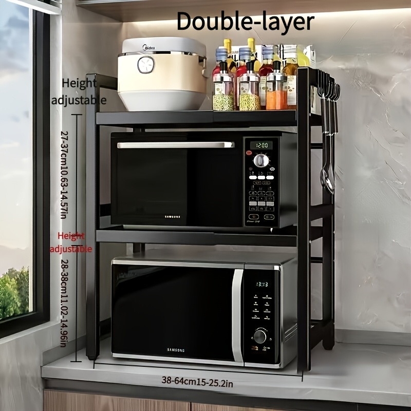 Microwave Oven Rack, Expandable Microwave Oven Rack for Countertop Kitchen Utensil and Tableware Storage, with 6 Hooks, Carbon Steel Microwave Oven Shelf Countertop with Hooks - Mother's Day Gift for Wife - Kitchen Storage