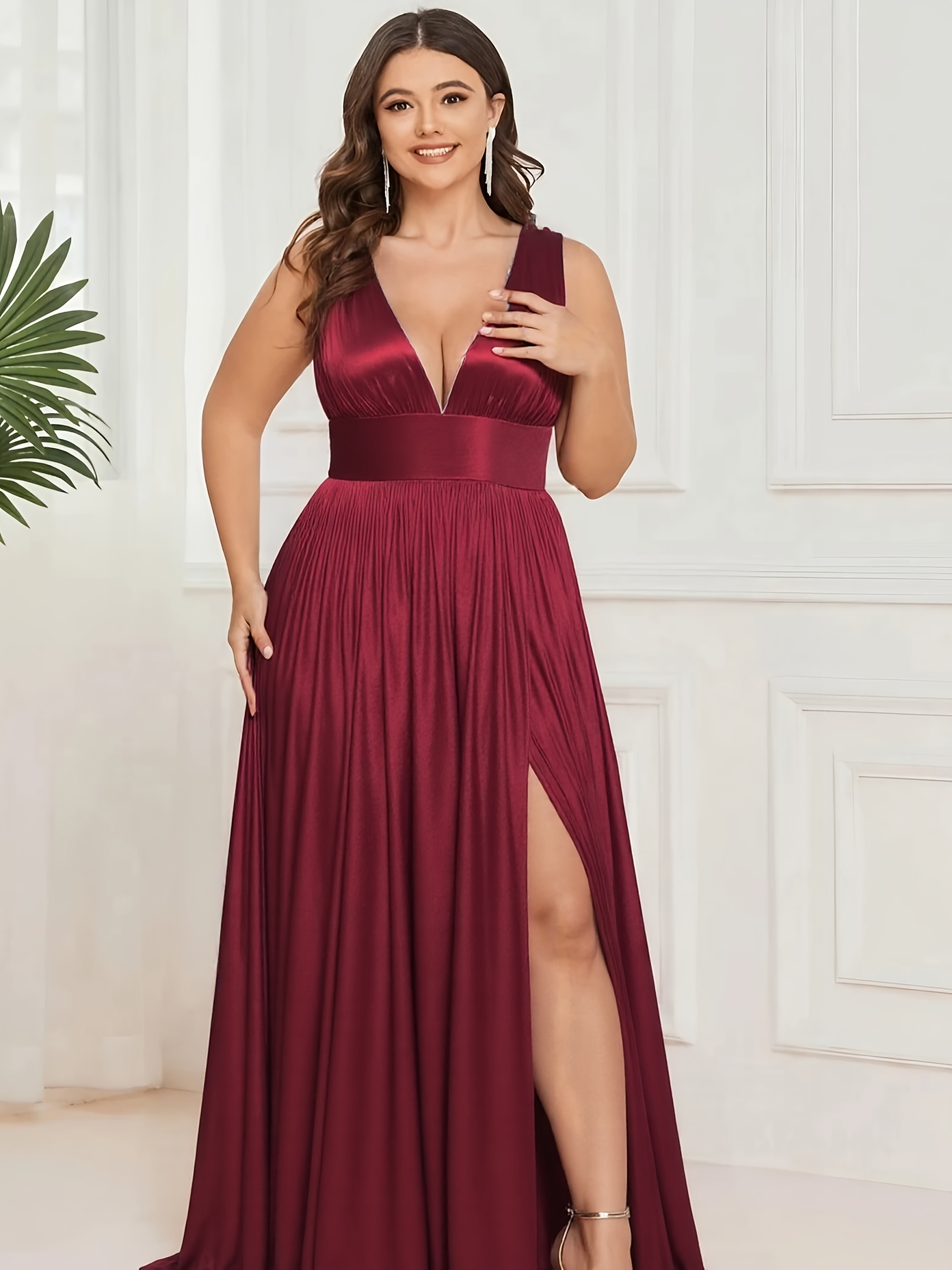 elegant plus size deep v neck high slit bridesmaid dress
