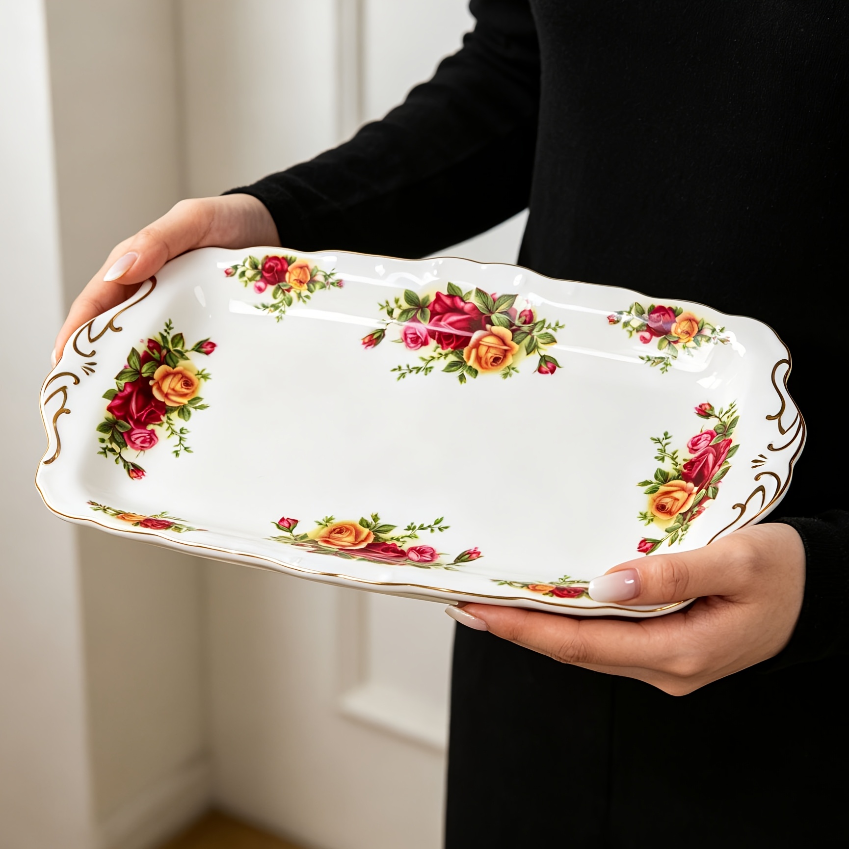 item picture 1pc elegant vintage town rose rectangular dessert plate 12 inch large capacity ceramic dinner plate vintage blue rose table decorative plate with   ideal for afternoon tea desserts sandwiches and exquisite  
