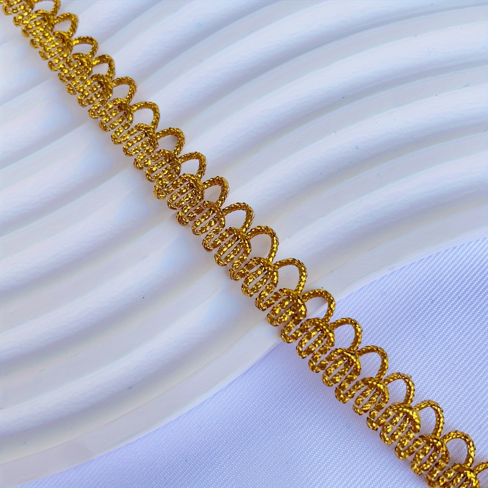 1pc Elegant Golden Scalloped Wave Lace Trim - Intricate Polyester Fabric For Diy Fashion, Crafts, Bags & Jewelry Accessories, Lace Fabric