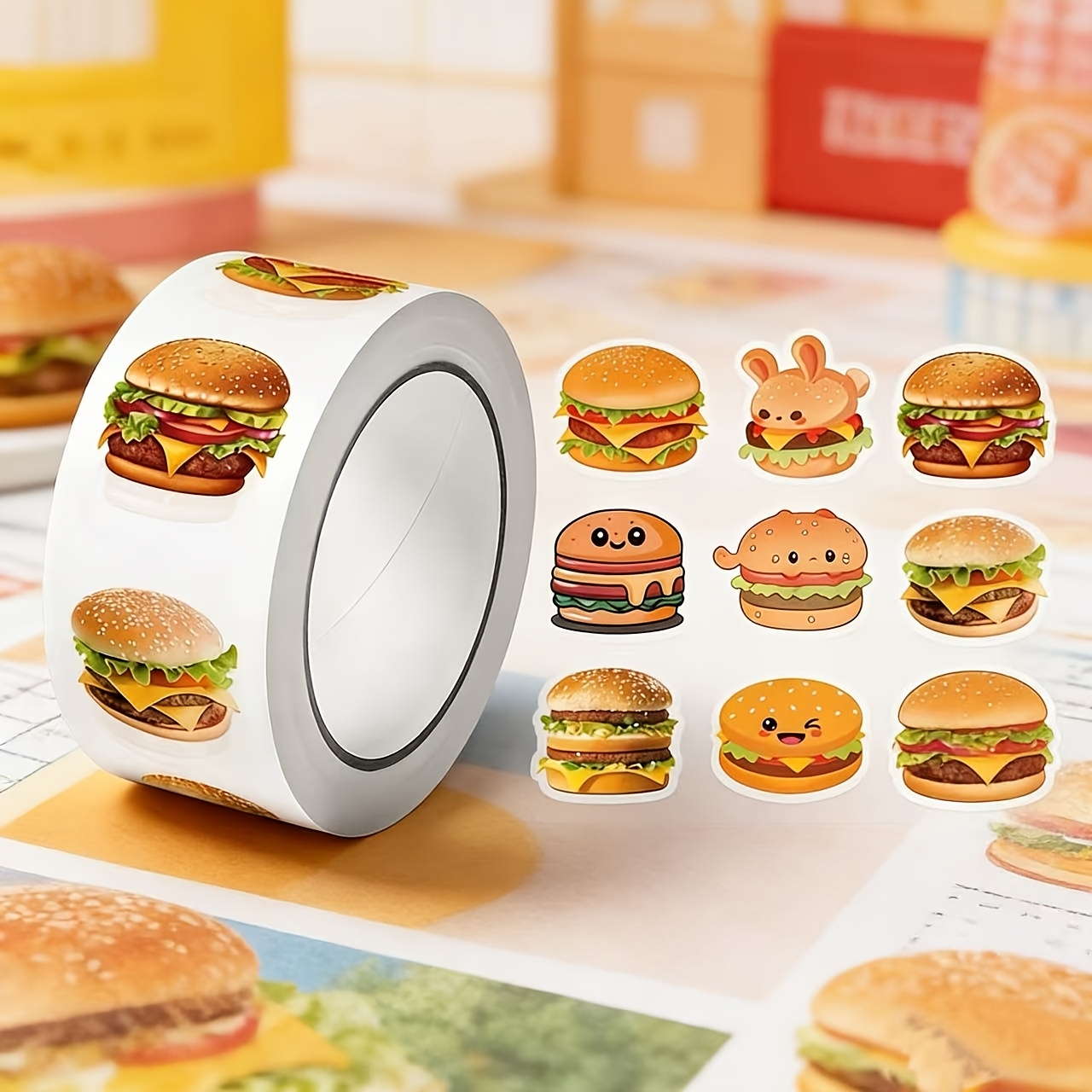 TEMU 1 Rolle/500 Stück Hamburger-Brötchen-Aufkleber, geeignet für Büro-Dekor, Büro-Etiketten, Umschlagverschlüsse, Party-Dekorationen, Bürobedarf