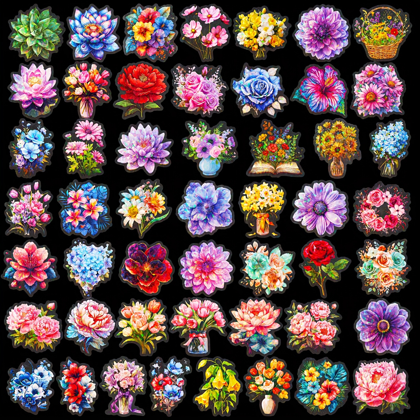 50pcs Colorful Transparent Stickers, Phone, Glass Card Flowers Laser Stickers, Decoration Holographic Stickers For Water Bottle, Laptop, Phone