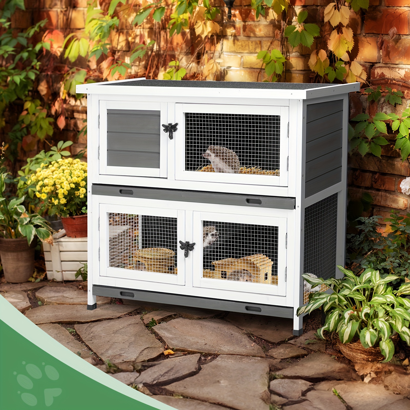 2 story solid wood rabbit hutch bunny cage with 2 large main rooms indoor outdoor rabbit house guinea pig cage pet house for small animals with 2 removable trays grey