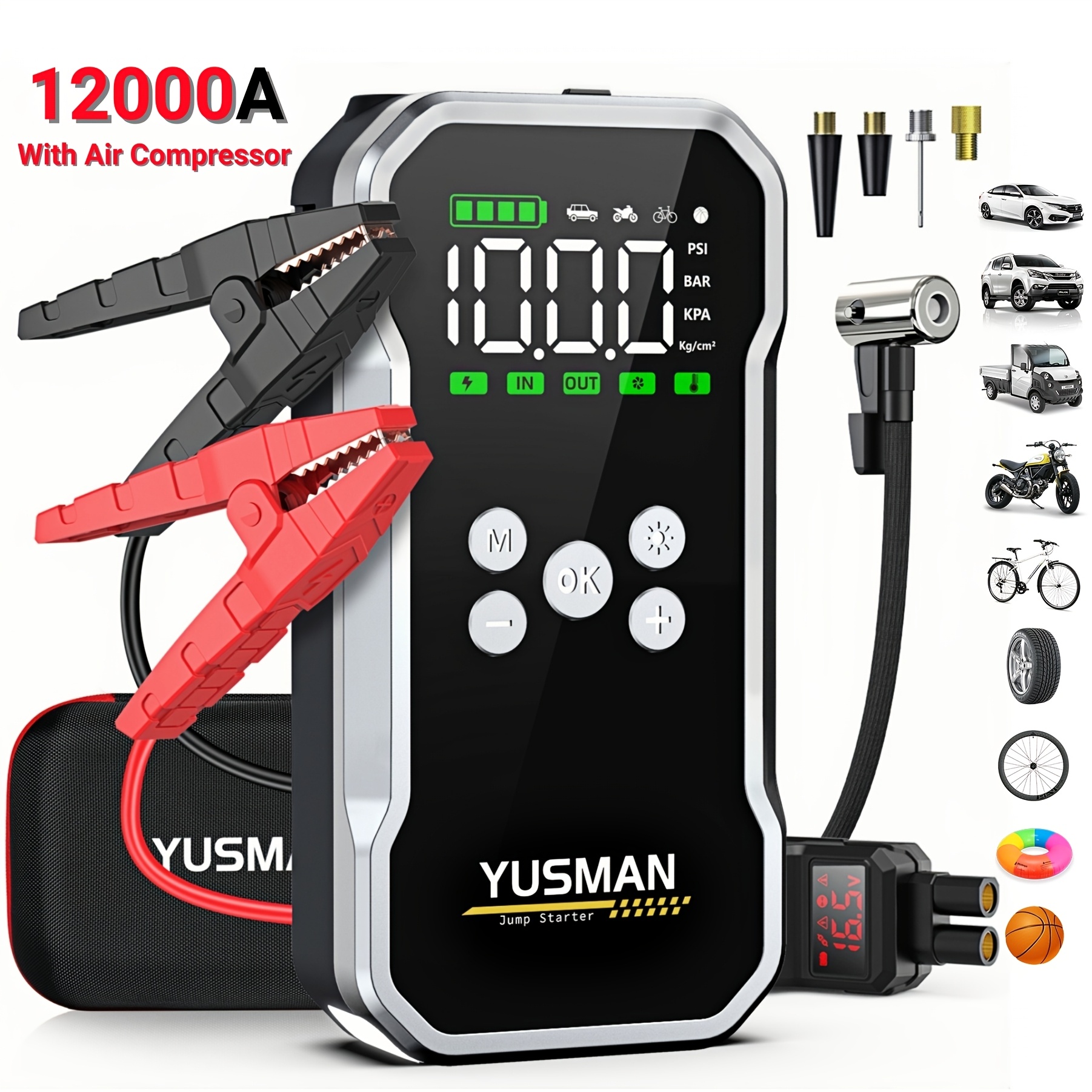 Image of 12000a Portable Jump Starter With 150psi Compressor - 12v Emergency Battery Booster For Up To All Gas/10l Engines, 4-in-1 Power Bank With Dual Led Lights & Lcd Display, Portable Storage Bag Included