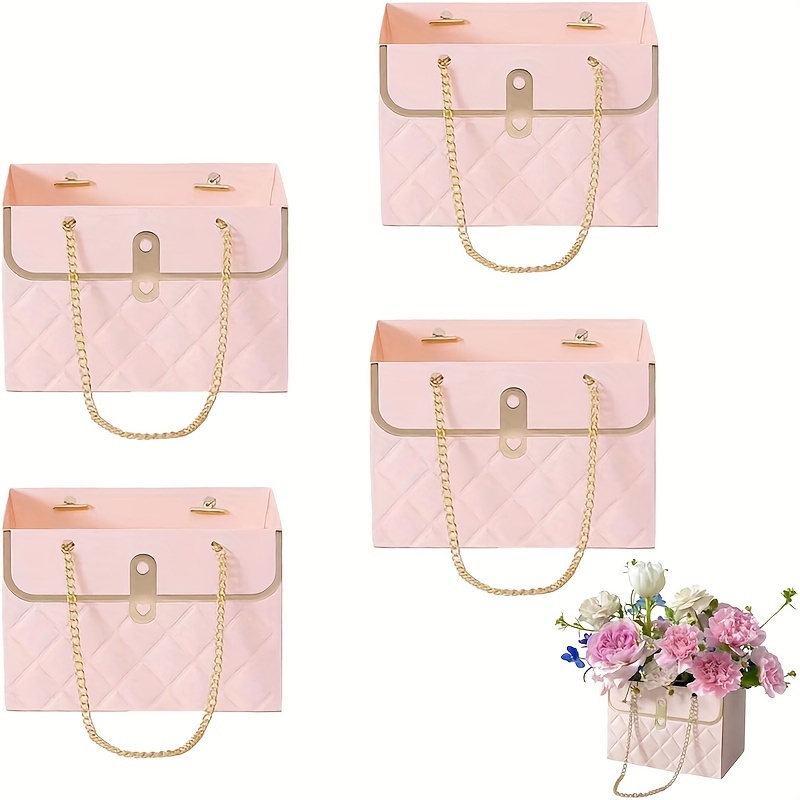 

12/36pcs Paper Bouquet Gift Bag With Pull Handle Rectangle Metal Chain Tote Bag For Valentine's Day Florist Wedding Party Birthday, Pink Valentines Day Gifts Bulk