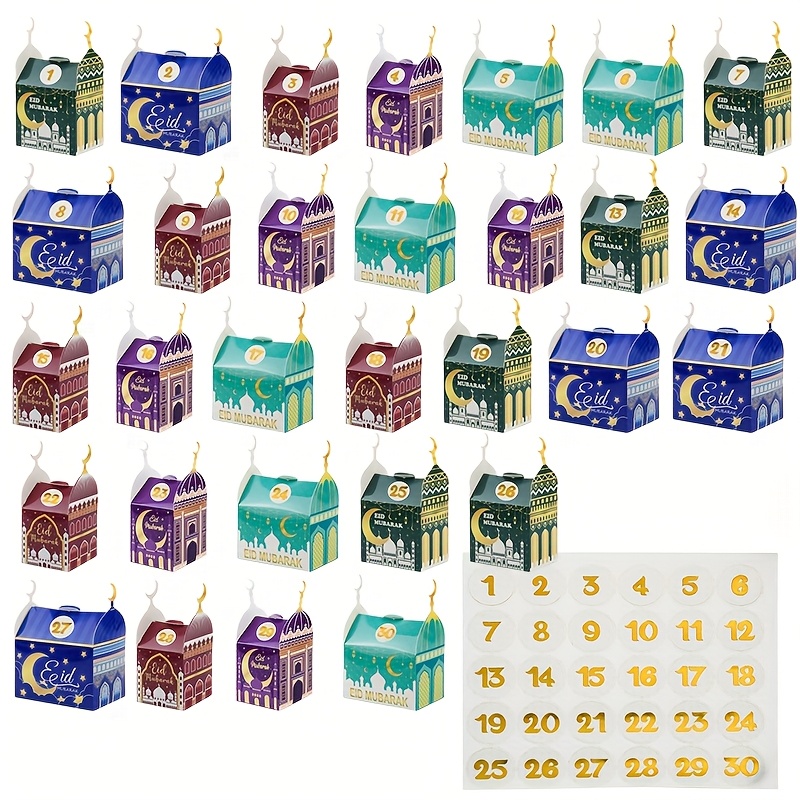 

30pcs Ramadan Advent Calendar Boîtes Vides - Boîtes Cadeaux Multicolores Remplies pour de l'Aïd , Fournitures Universelles pour les Fêtes avec Plusieurs Composants