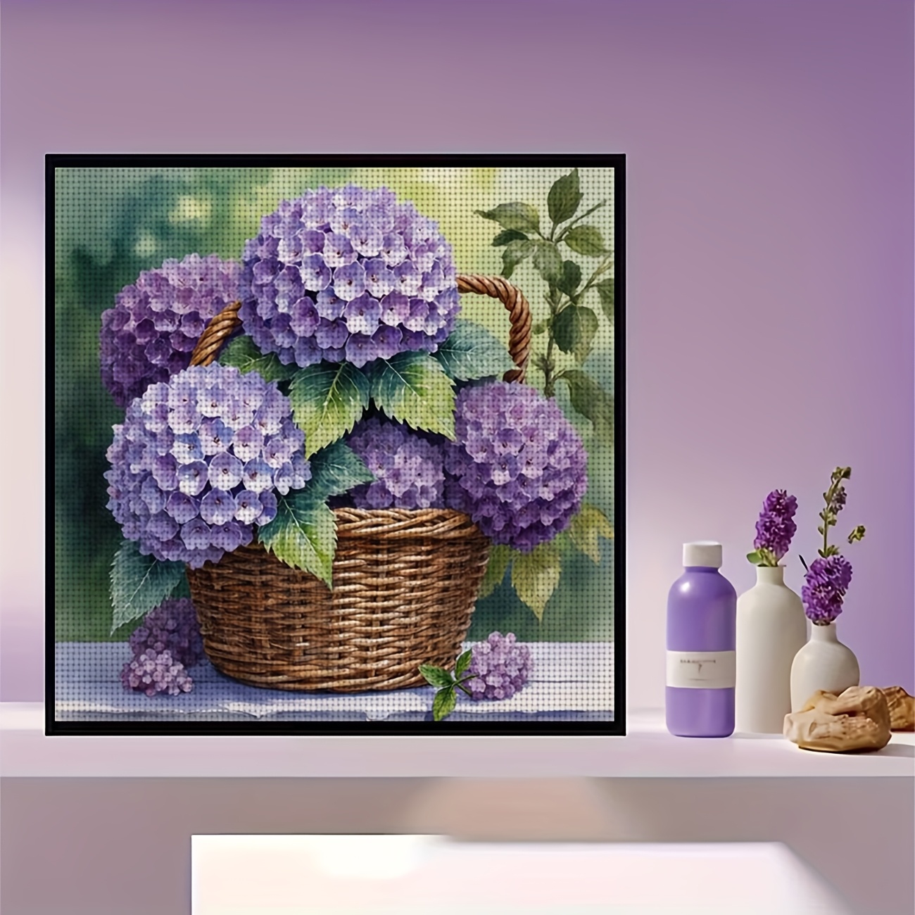 Unframed Cross-Stitch Kit, "Purple Hydrangea in a Basket" Design
