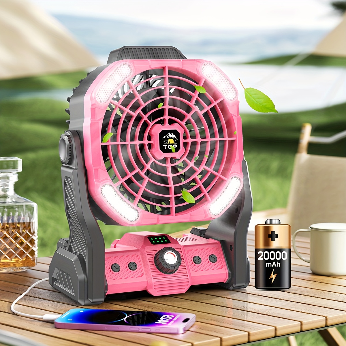 TEMU Compact Camping For Tents - 20000mah Rechargeable Fan Featuring Led Light, Ideal For Home, Desk, Outdoor Use, And Sleeping (pink)
