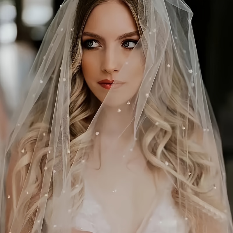 

1pc Romantic Bridal Veil With Faux Pearl Decor, Perfect For Wedding, Photo Shoot, And Formal Events