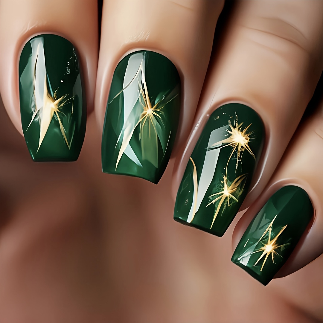 TEMU (aesthetic Fake Nails) 24pcs Middle Square Press-on Nails, Soft Gel Fake Nails For Women, Acrylic Reusable Nail Decor. Green Gradient And