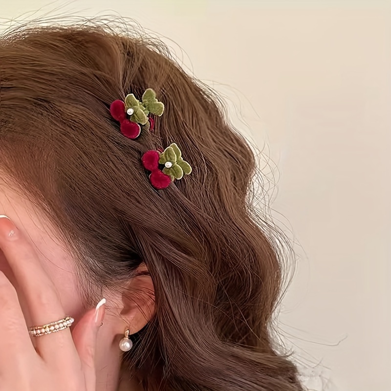 

2pc2cm Small European And Flocking Cherry Small Clip Clip Headdress Cute Hairpin Side Clip Hair Accessories