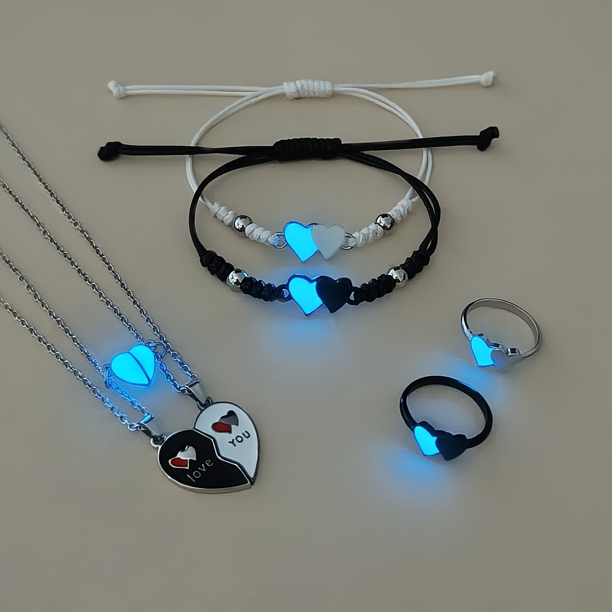 TEMU 6pcs/set Glow Heart Mood Couple Necklace Bracelet Ring Women's Fashion Couple Promise Love You Set