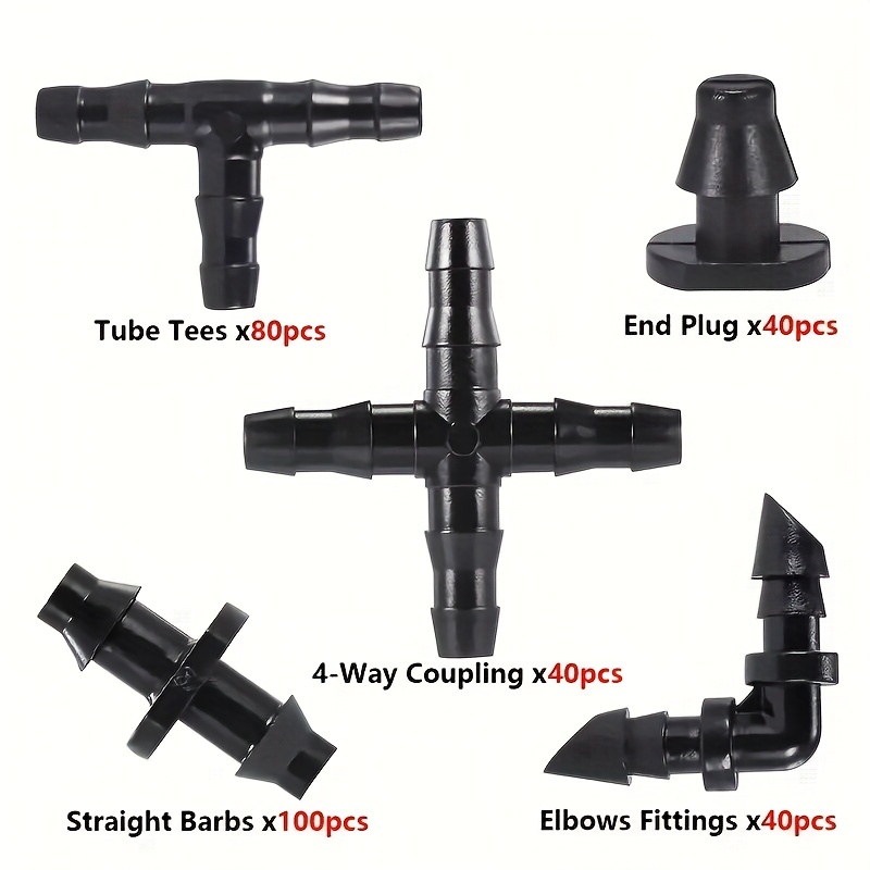 Image of 300pcs Irrigation Fitting Kit, Drip Irrigation Barbed Connectors, Suitable For 1/4-inch Flower Lawn Garden Irrigation System Kit, 100 Straight Barbs, , 40 Elbows, 40 End Plugs, 40 Couplers