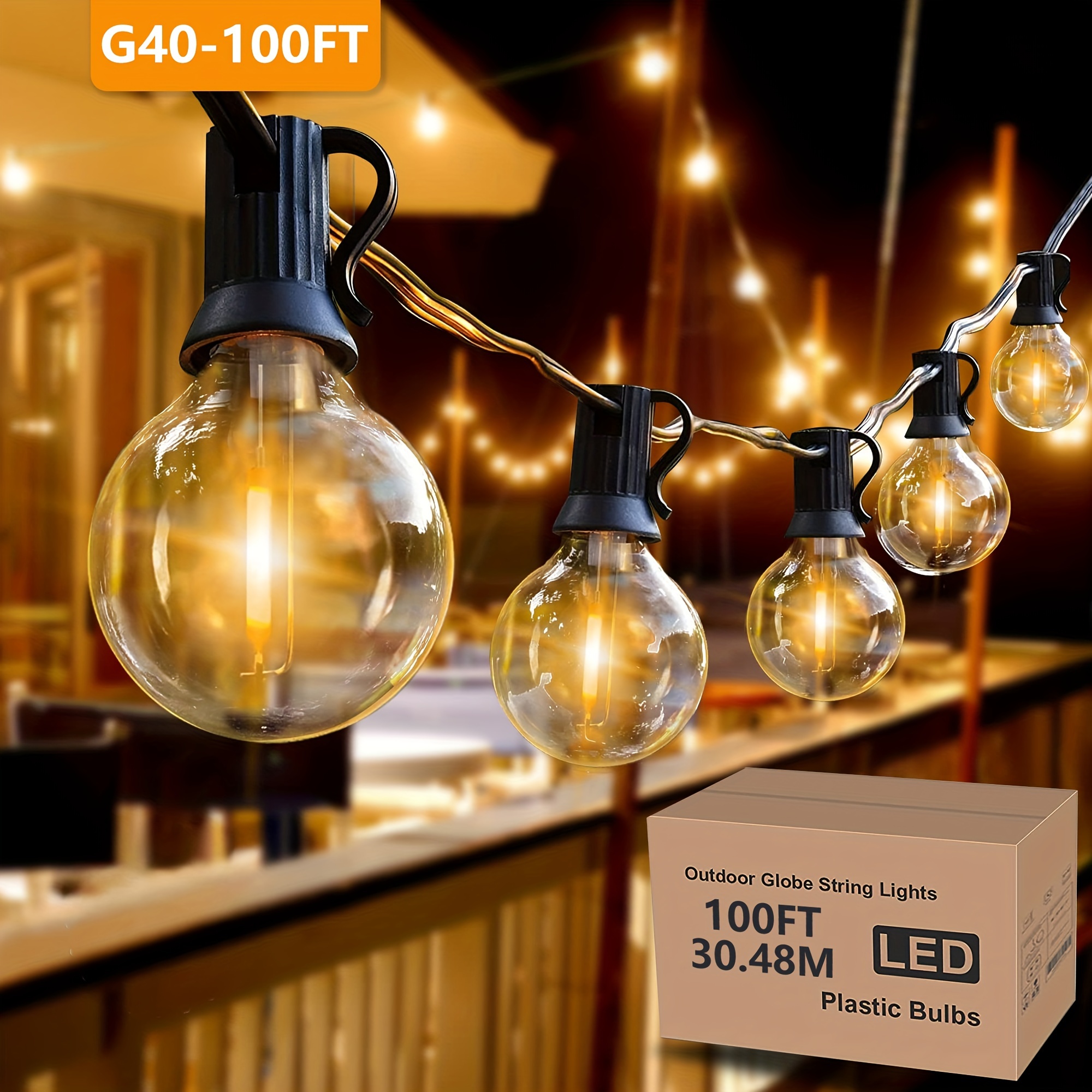 

Ft Outdoor String Lights, Shatterproof Led Patio Lights With 51pcs Bulbs, Outdoor Hanging String G40 Light For Bistro, Cafe & Backyard Balcony, E12 Black,