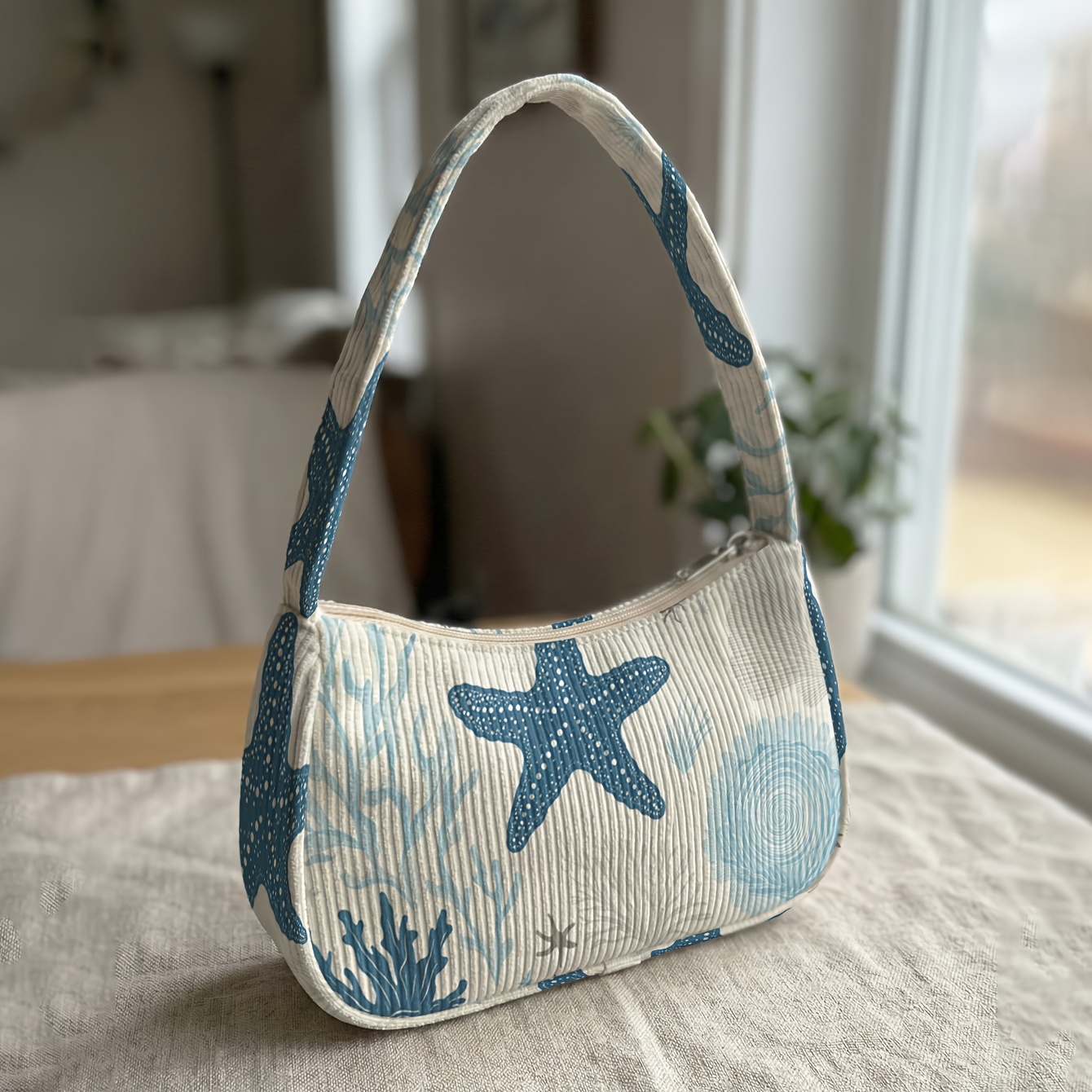 TEMU 1pc, Ocean Starfish Pattern Printed Single-shoulder Bag, Corduroy Underarm Bag, Retro Style. Versatile For Daily Commuting, Dates, Shopping, And