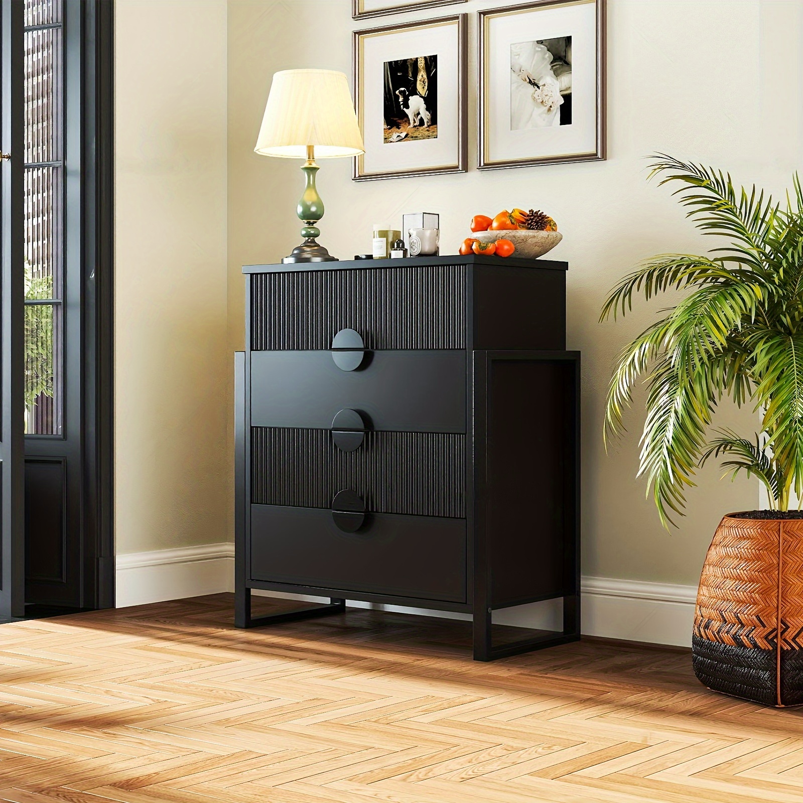 Mozeat Lens Modern Fluted 4 Drawer Dresser, Dressers For Bedroom, Textured Wood Sticks Borders H Metal Legs For Bedroom, Living Room, Hallway