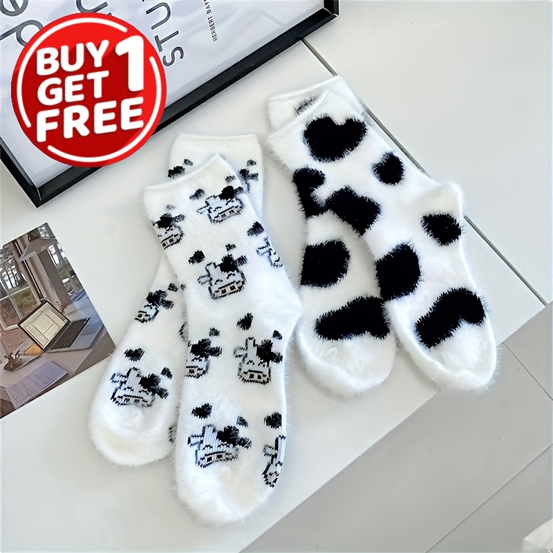

2 Pairs Cute Dairy Cow Pattern Fluffy Socks In Autumn And Winter, Plush And Thickened Warm Socks In Winter