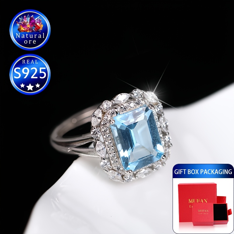 Women's Adjustable 925 Silver Ring with Blue Natural Topaz, Gift Box