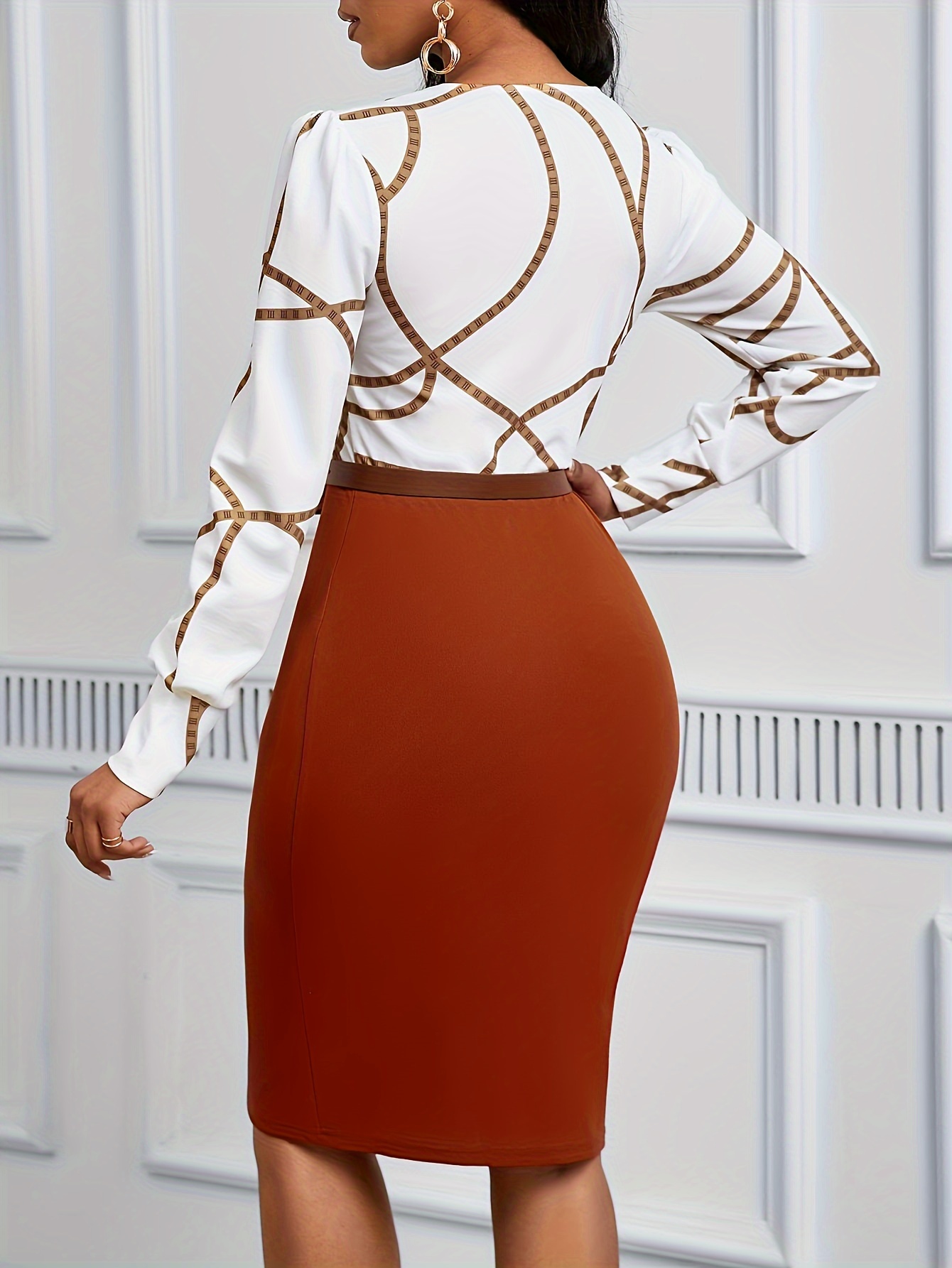 color block button decor dress elegant long sleeve bodycon dress for womens clothing chocolate 2