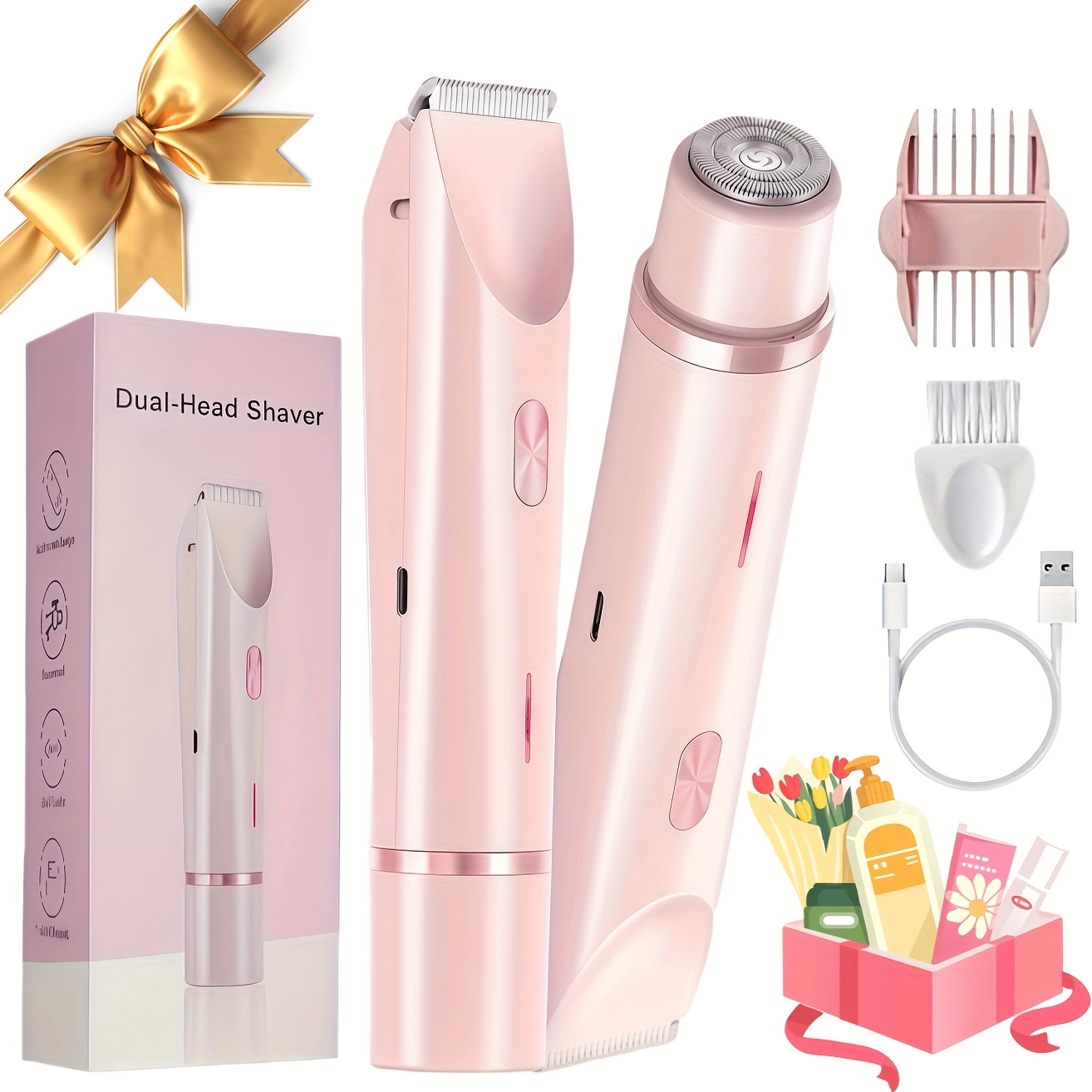 TEMU 2in 1 Pink Dual Head Bikini Trimmer Women Electric Shaver, Ipx7 Waterproof Use Body Hair Trimmer And Facial Hair Remover For Bikini Underarm Leg Arm Body Face