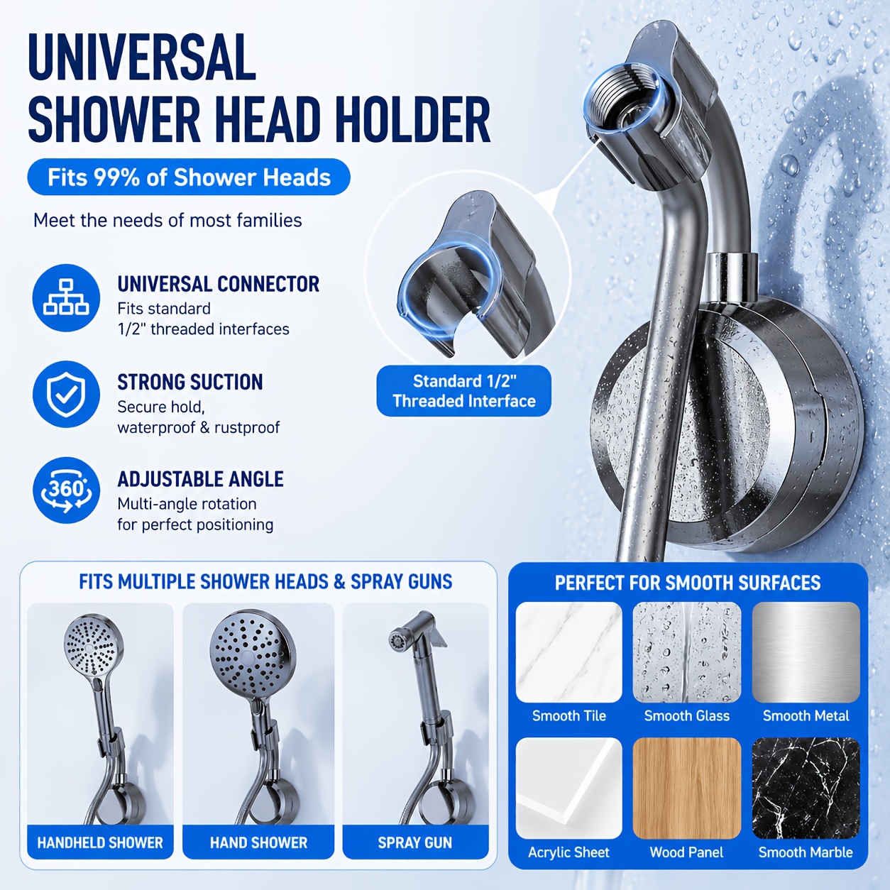 2-Pack Shower Head Holder With Suction Cup – Adjustable Angle, No Tools, Fits Smooth Surfaces (Multiple Colors)
