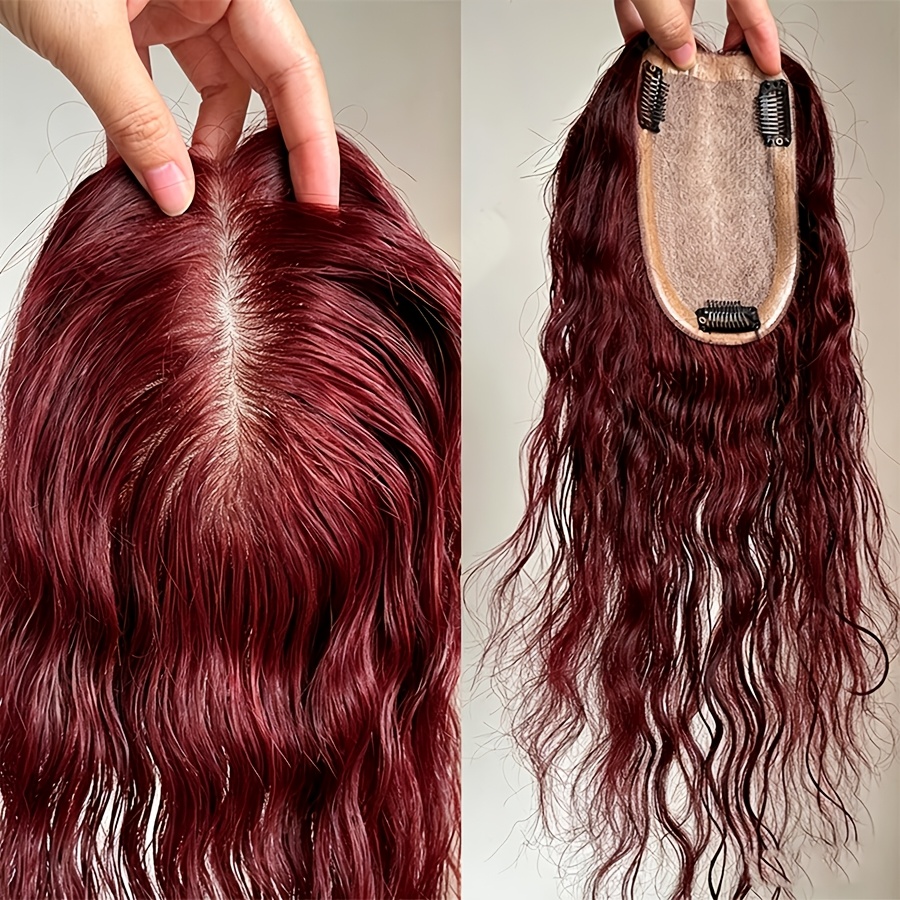 Image of Curly #99j Human Hair Toppers For Women With Bangs - Clip-in Hairpiece Suitable For Thin Hair, 8x12 Base & Lace Base With 3 Clips, Density Burgundy Wig For , For Bangs