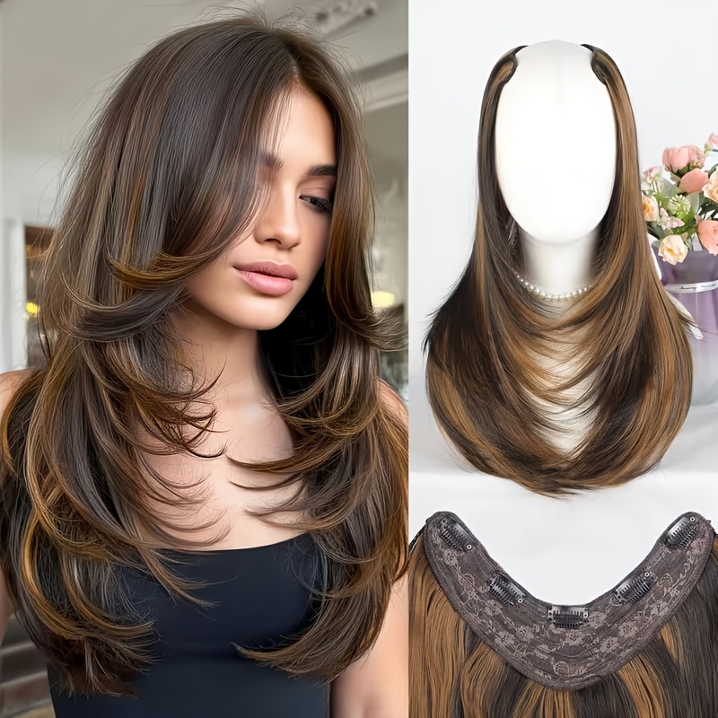 TEMU Clip-in Hair Extensions For Women Long Straight Layered Synthetic Hair With 5 Clips 1pc Design, Soft And Face Framing Clip-ins Soft Hairpieces