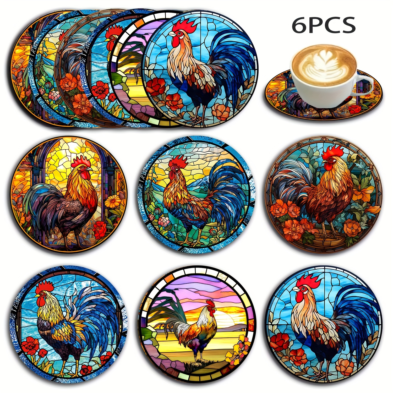 

6-piece Set Wooden Coasters, Round Drink Mats With Mosaic Stained Glass Pattern, Multi-use Heat-resistant Non-slip Table Protection, Ideal Gift For