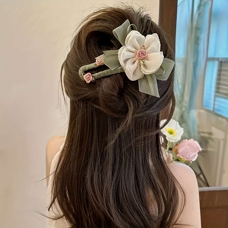 1pc elegant floral hair clip for women vintage inspired mesh flower hairpin with green ribbon leaf accents large oblong design for   style updos hair accessories for women vintage hair accessory mesh fabric hairpin Product details 2