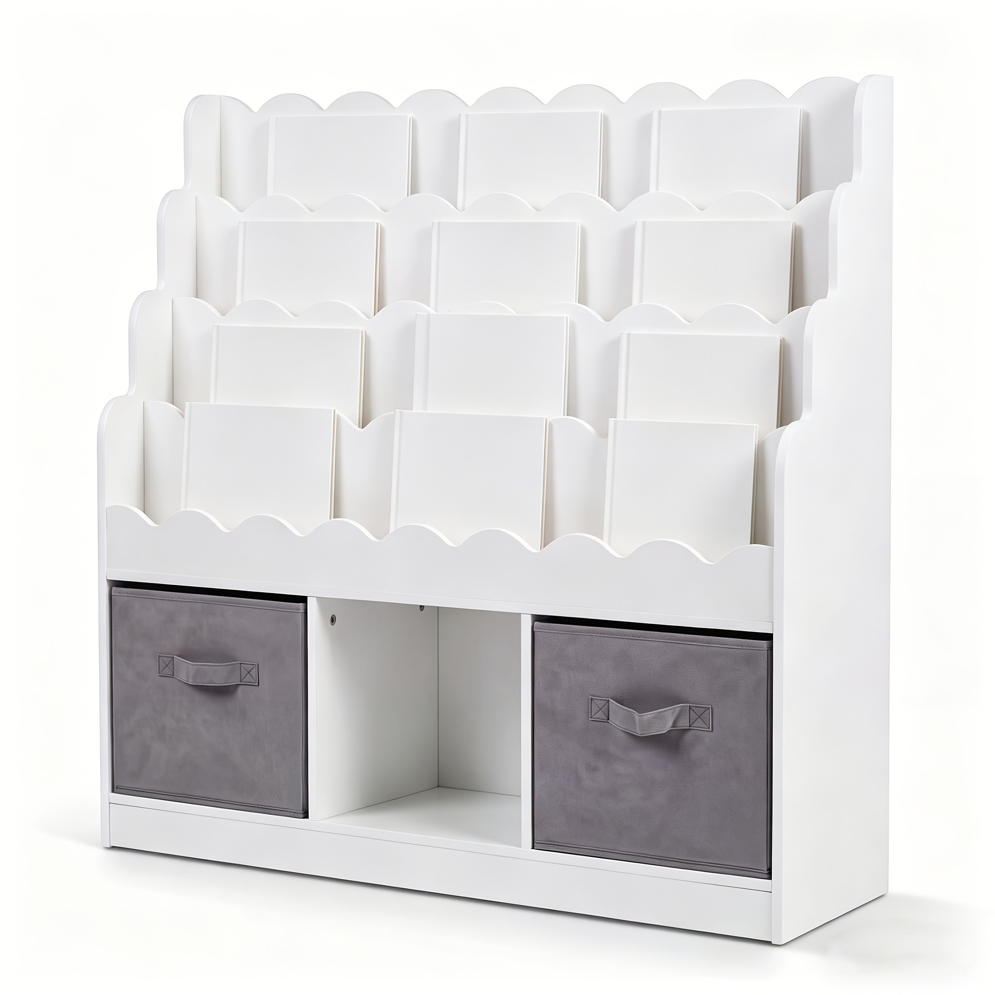Image of Kids Bookshelf And Storage, Bookcase With 2 Foldable Fabric Drawers, Wooden Scalloped Book Display For Playroom, Bedroom, Classroom