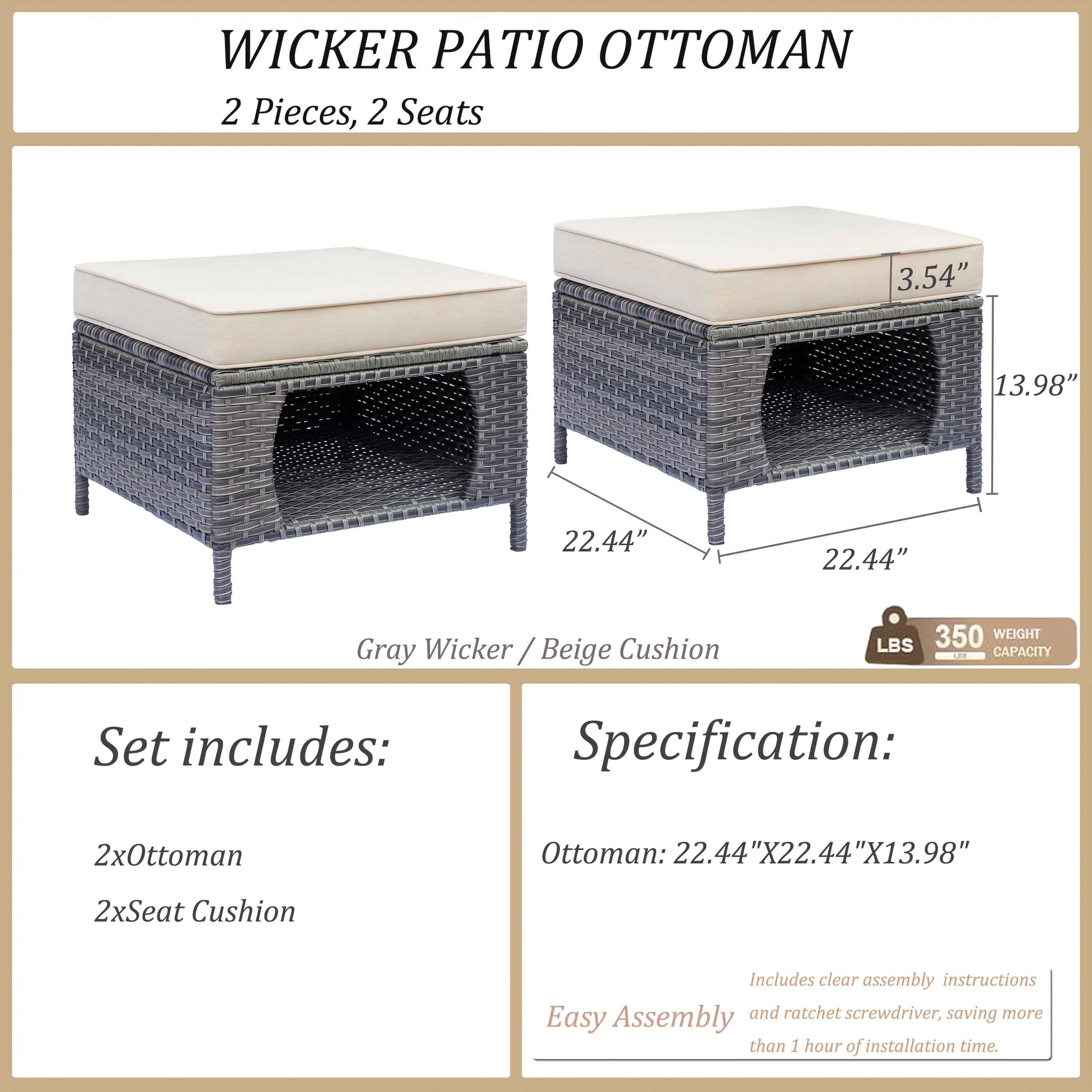 2pcs Royal Craft Outdoor Patio Furniture Set | Hand-Woven Pe Rattan Ottomans With 3.15 Inch Thick Cushions, All-Weather Material, Movable Cushions, Multifunctional Use, Gray Wicker With Beige/Denim Blue Cushions