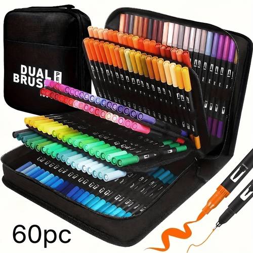 immagine dell'articolo Pennarelli Artistici a Doppio Pennello, Set di 60 Pennarelli Artistici, Libro da Colorare per Adulti, Bullet Journal, Penne Artistiche Squisite con Punta a Pennello, Regali di Natale e Halloween, per Uso Artistico Professionale