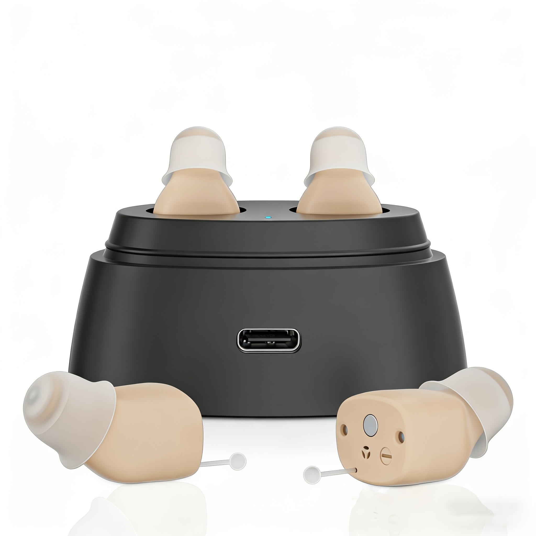 A Pair of Rechargeable Earbuds with a Portable Charging Case, Volume Control Feature, Noise Cancellation Capability, And Adjustable Headphone Player