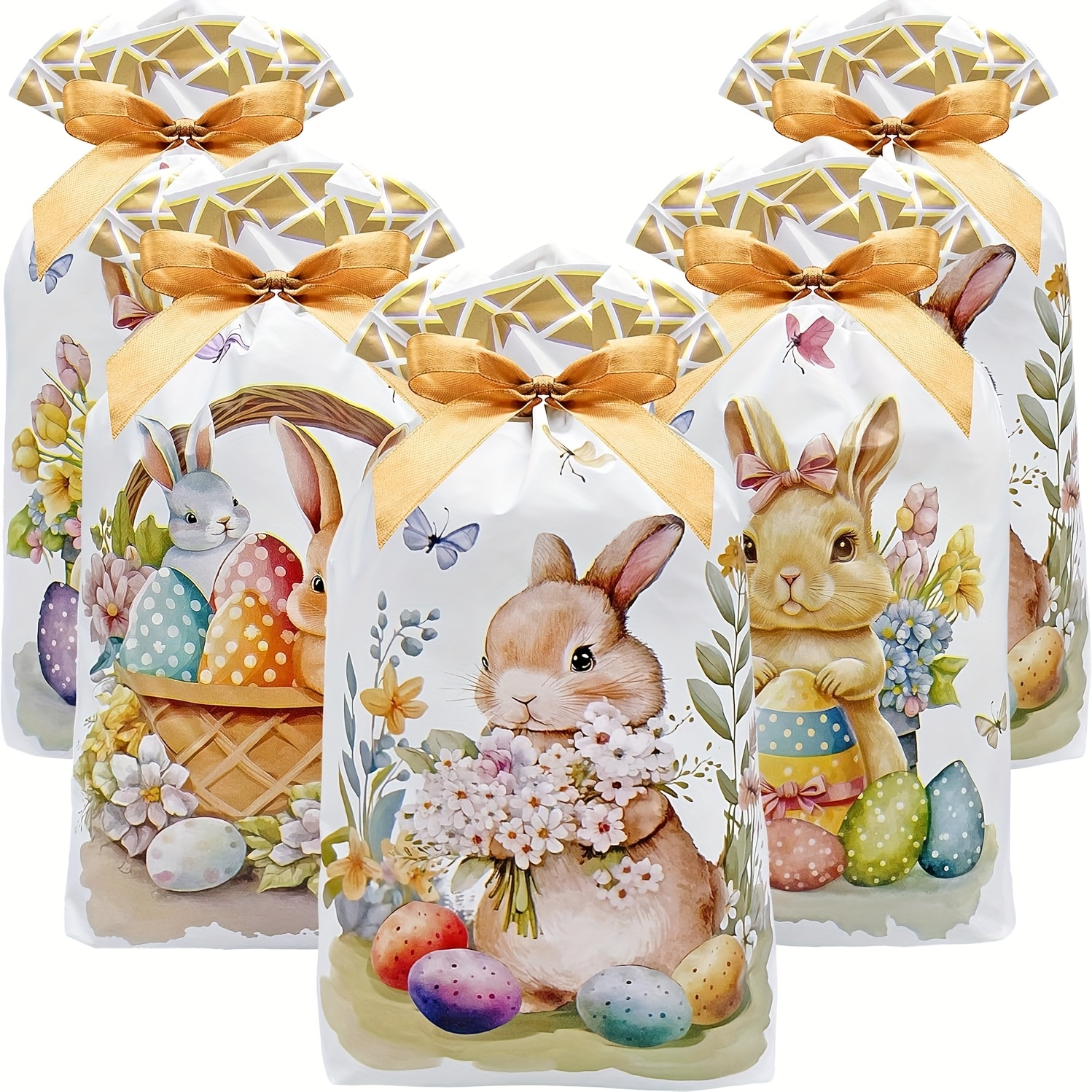 

50-pack Easter Bunny Plastic Gift Bags With Ribbons, Cartoon Rabbit Egg Favor Wrapping Supplies For Holiday Decorations