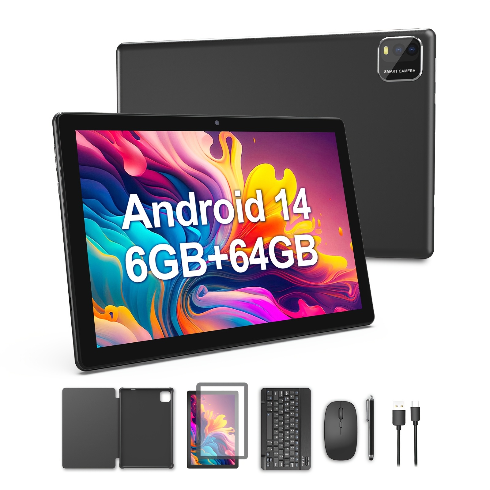 10 Inch Android 14 Tablet, Tpy-C Tablet Sensor, 6 (3+3GB) RAM, 64GB ROM, 1280*800 High-definition IPS Touch Screen, Dual Cameras, 2MP Front Camera, 8MP Rear Camera, 5G Dual-band Wifi6, 6000mAh Large-capacity Battery, Quad-core Processor The Screen Resolution Is 1280*800. Two Specifications Are Available, Including A Keyboard Kit And A Separate Tablet with A Case