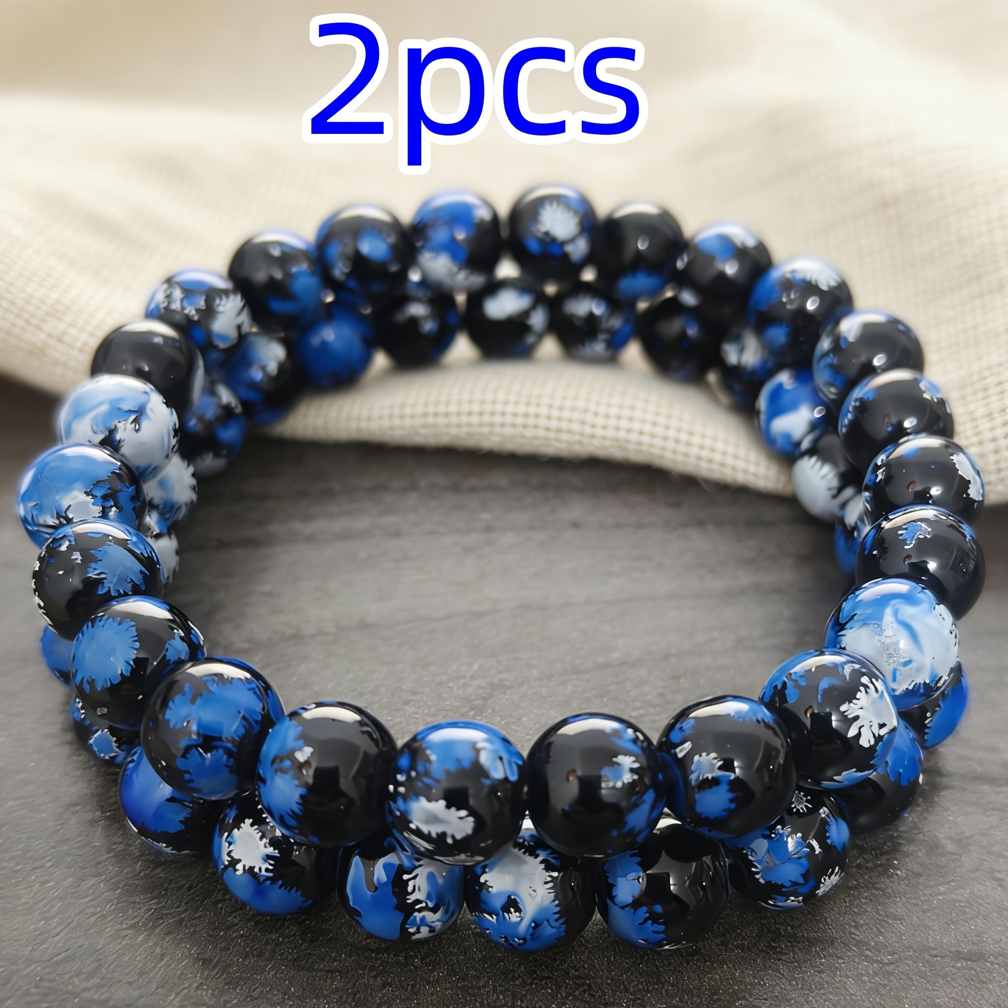 TEMU Perles rondes noires, blanches et bleues de 8 mm, corde élastique, style européen américain, perles imprimées colorées, cadeau de bijoux pour