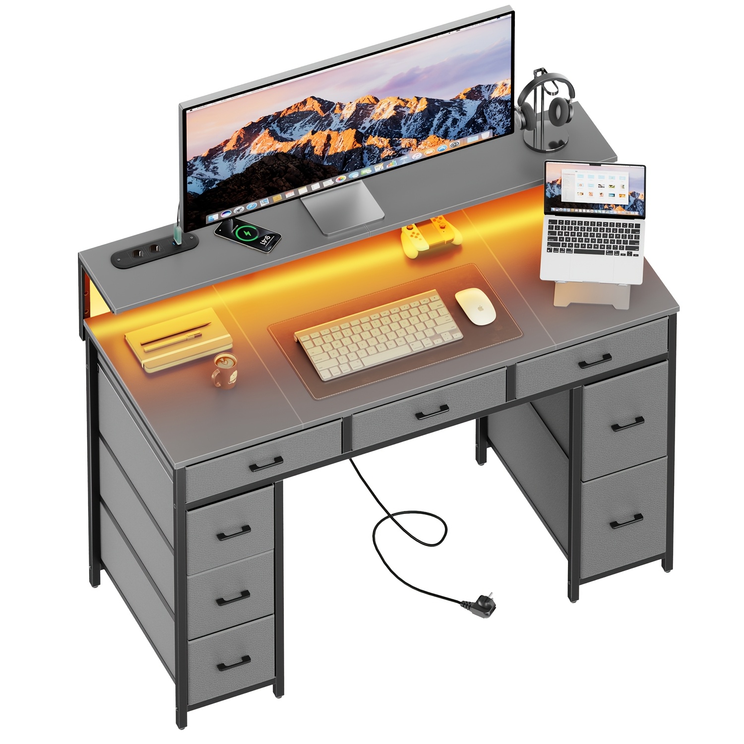 E-shop Computer Schreibtisch mit 8 Stoff-Aufbewahrungsschubladen, Schlafzimmer Arbeits-/Büroschreibtisch, 47 Zoll Gaming Schreibtisch mit