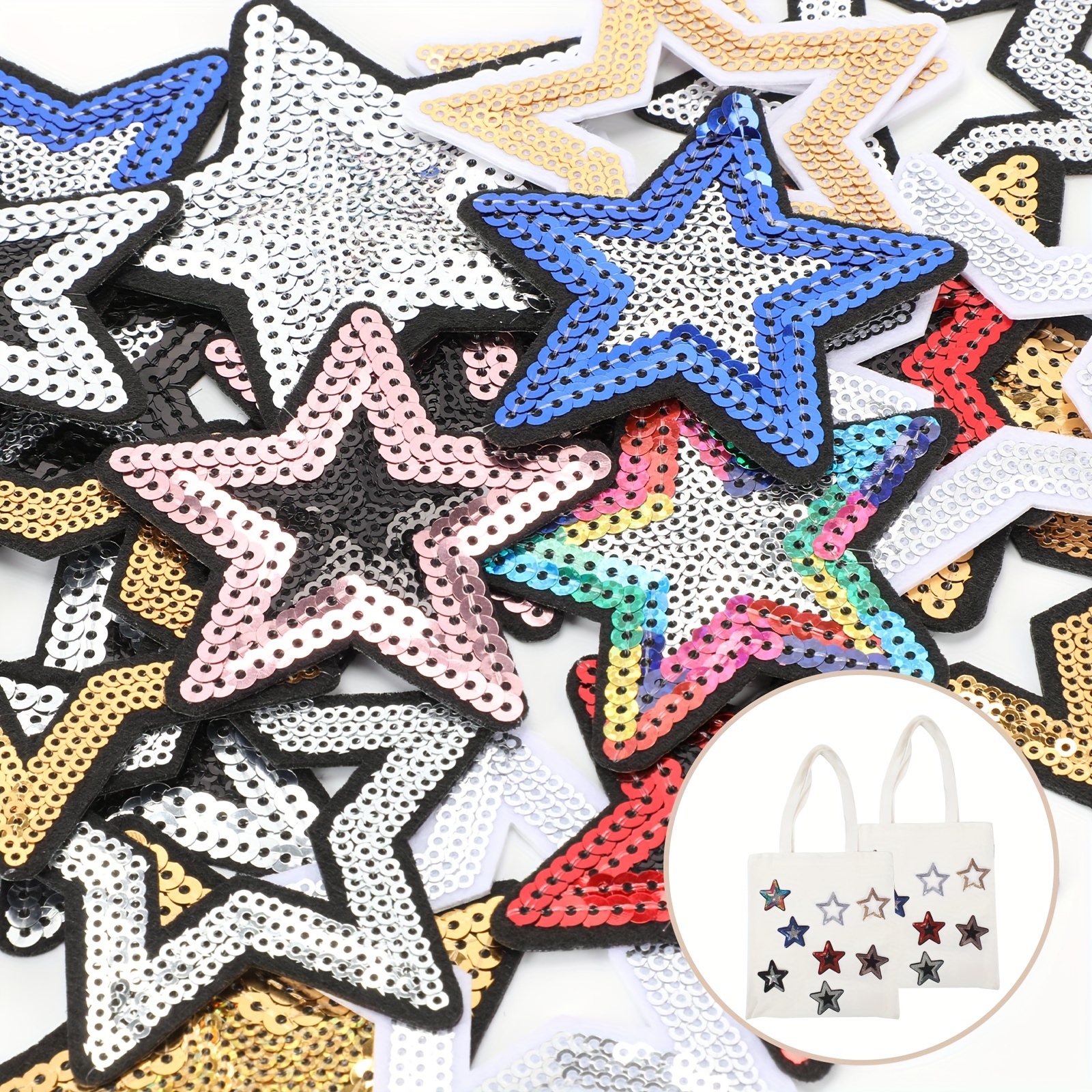 

24pcs Hollowed Out, Sequined Star Shaped Patches For Clothing And Bag Decoration - Diy Decorative Patch Star Embroidery Patch Set