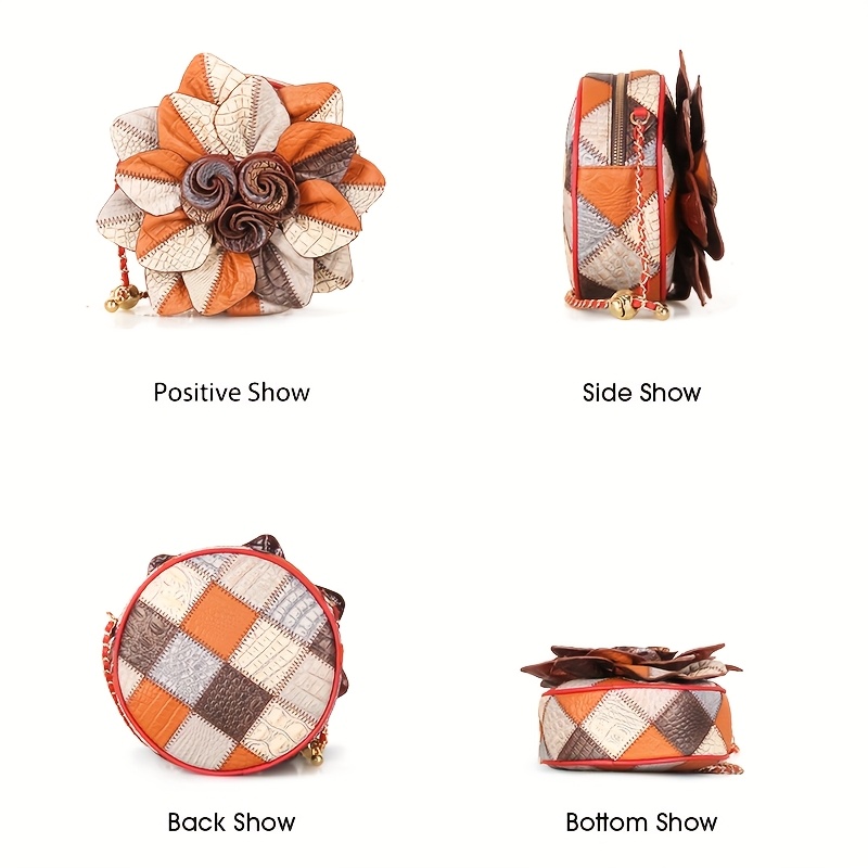 Genuine Leather Flower Crossbody Bag for Women - Vintage Style, Adjustable Strap, Zipper Closure, Polyester Lining, Crocodile Pattern, Mixed Colors, Elegant Accessory for Casual or Formal Occasions, Versatile Crossbody Bag | Vintage Floral Bag | Genuine Leather Bag, Purse Crossbody