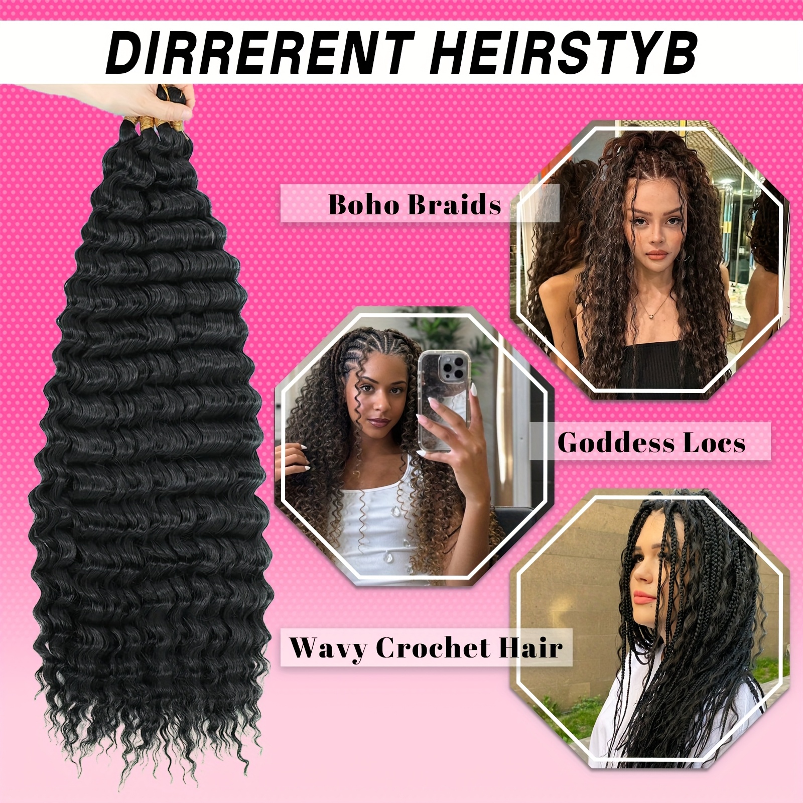 3pcs 18 inch deep wave crochet braids hair extensions knotless synthetic curly hair for boho braids dreadlocks twists clip in or sew in volume length for women daily wear boho curls Product details 6