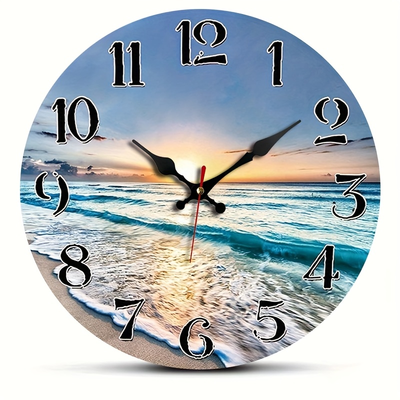 TEMU 1pc Round Wall Clock, Beach-themed Minimalist Creative Clock, Silent Quartz Round Wooden Clock, Suitable For Bedroom, Living Room, Office,