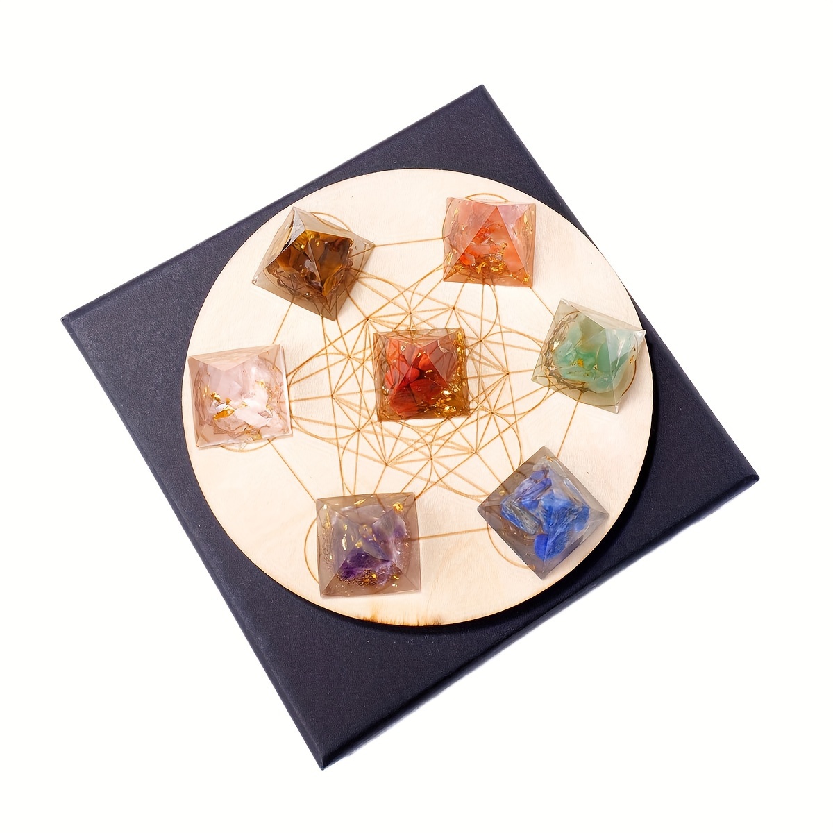 TEMU Apengshi Elegant Crystal Pyramid Set Of 7, Mini Resin Gemstones With Wooden Display Plate For Home Desk Decor - Natural Stone