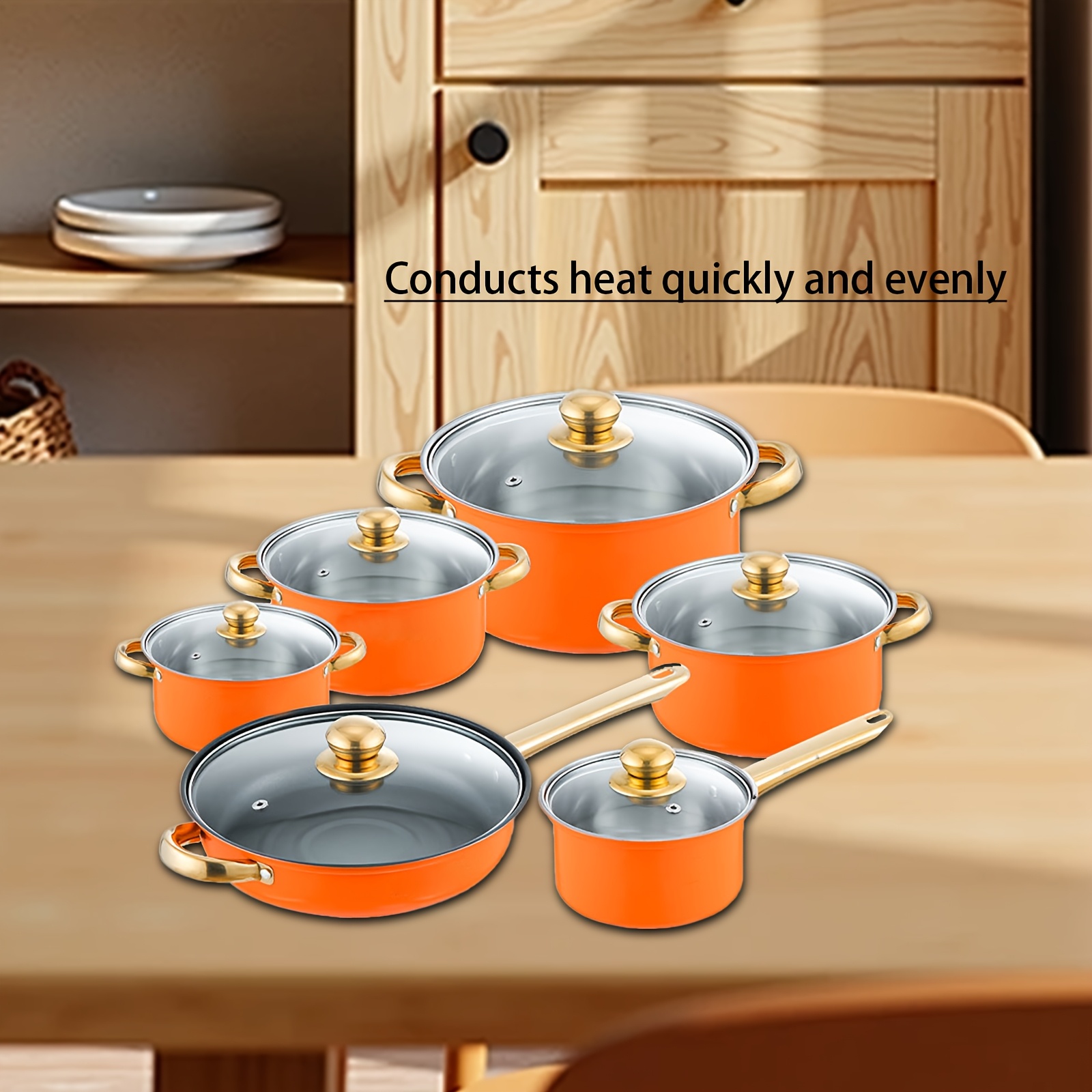 home use stainless steel 12pcs orange non stick cookware set soup pot frying pan milk pot and   kitchen utensils with   glass lids suitable for cooking   cuisines Product details 3