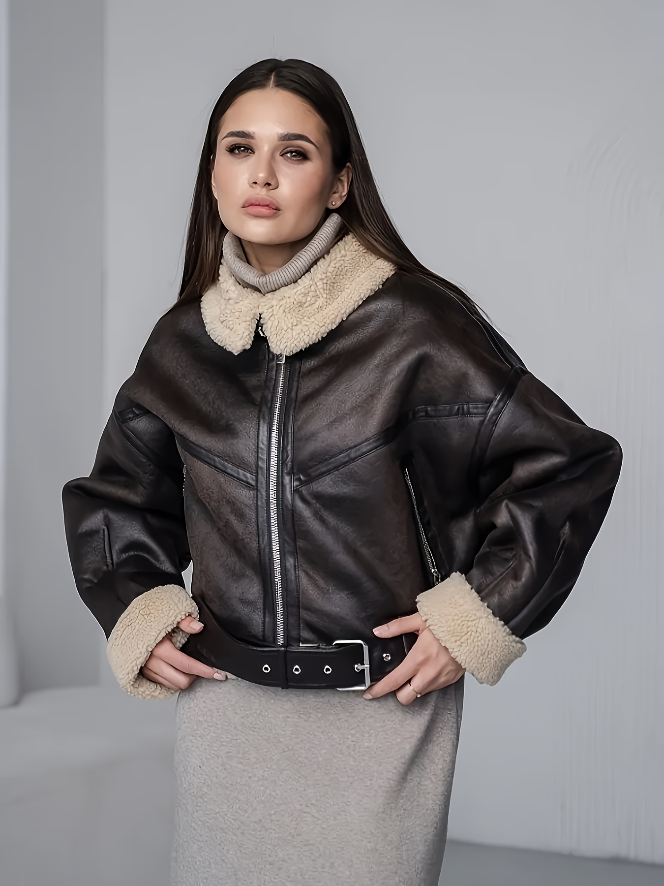 damen stilvoller brauner kunstlederjacke flauschigem besatz Temu