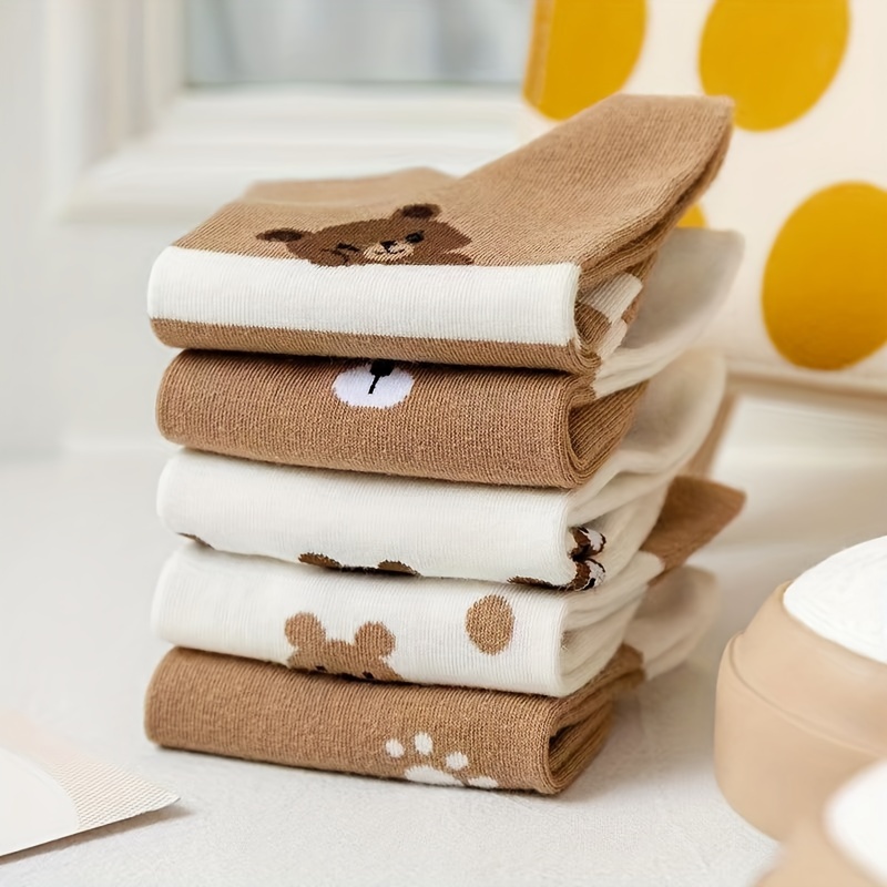 5 Pairs Women's Ankle Socks - Cute Bear & Paw Print Design, Anti-Odor Warm Boat Socks for Fall, Trendy Japanese Style Casual Socks & Fashion Enthusiasts, Accessories, Playful Sock Designs, Soft Fabric Socks