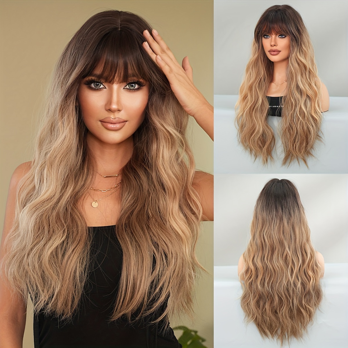 routine wig long straight loose wave black ombre light brown