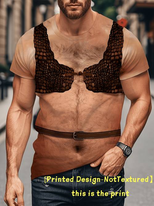 gedrukt ontwerp – textuur/ borduurwerk/ paillettenversiering, niet-denim, casual t-shirt voor heren, {gedrukt ontwerp – textuur} nieuwigheid t-shirt voor heren, t-shirt, pig t-shirt, creatief t-shirt met nep borsthaar & nep ondergoed, pig t-shirt met nep buikriem