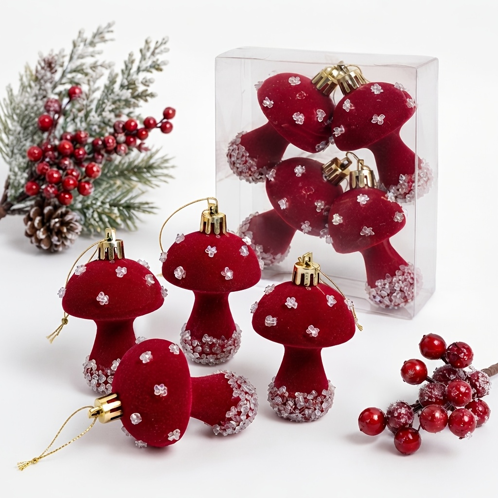 TEMU 4pcs Velvet Mushroom Christmas Ornaments, Shatterproof Mushroom Hanging Decorations For Christmas Trees, Fireplace Mantels, Table Centerpieces,