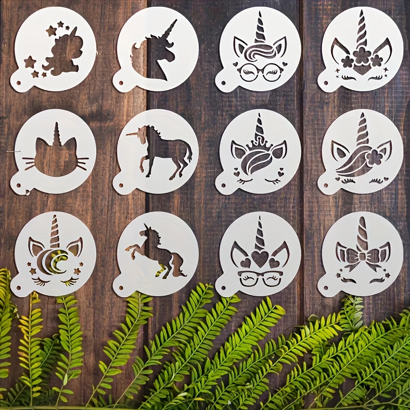 Image of 12pcs Unicorn Stencils | Washable Unicorn Stencils For Tattoo, Face Painting Templates, Walls, Wood, Canvas & Fabric Crafts - Diy Home Decor | Reusable