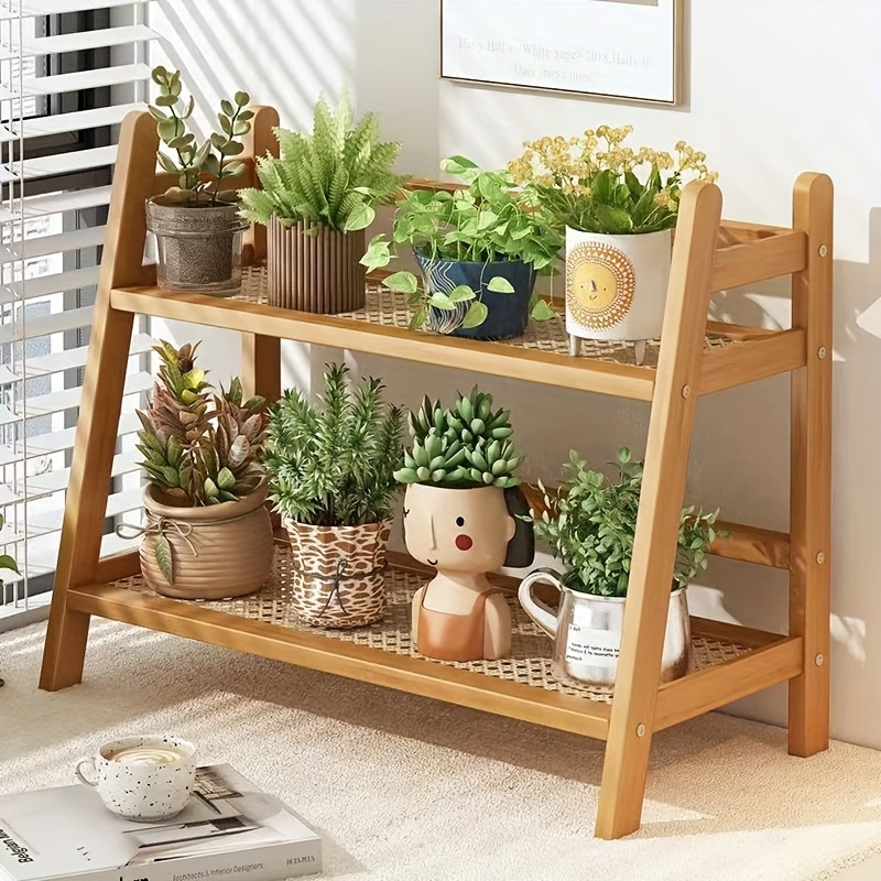 2 tier bamboo plant stand with slatted shelves freestanding indoor flower rack for home decor light     displaying potted plants and succulents details 0